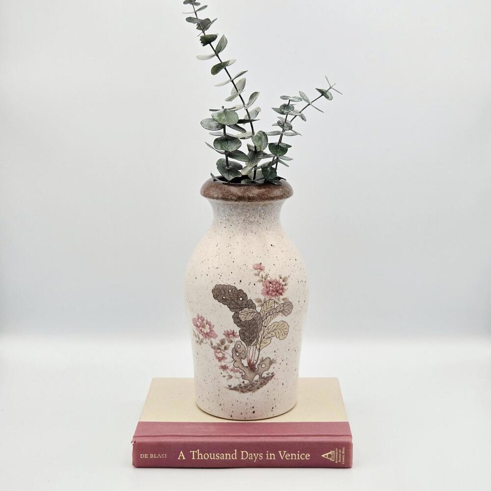 Vintage Stoneware Vase with Floral Design | Neutral Speckled Ceramic Pottery
